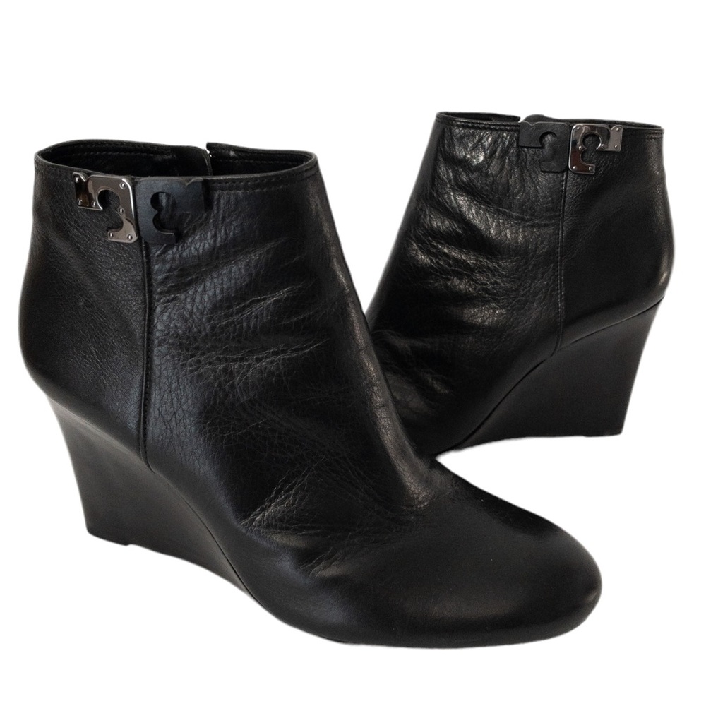 Tory Burch Lowell Wedge Booties Black Leather Sz 9.5